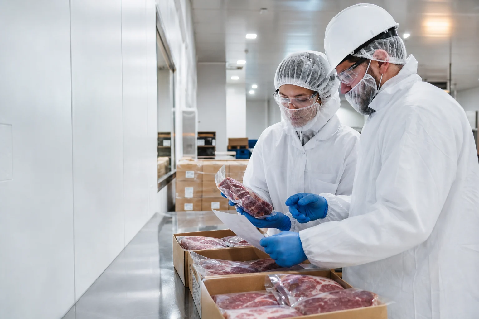 Food-production professionals inspecting vacuum-packed beef in a hygienic facility