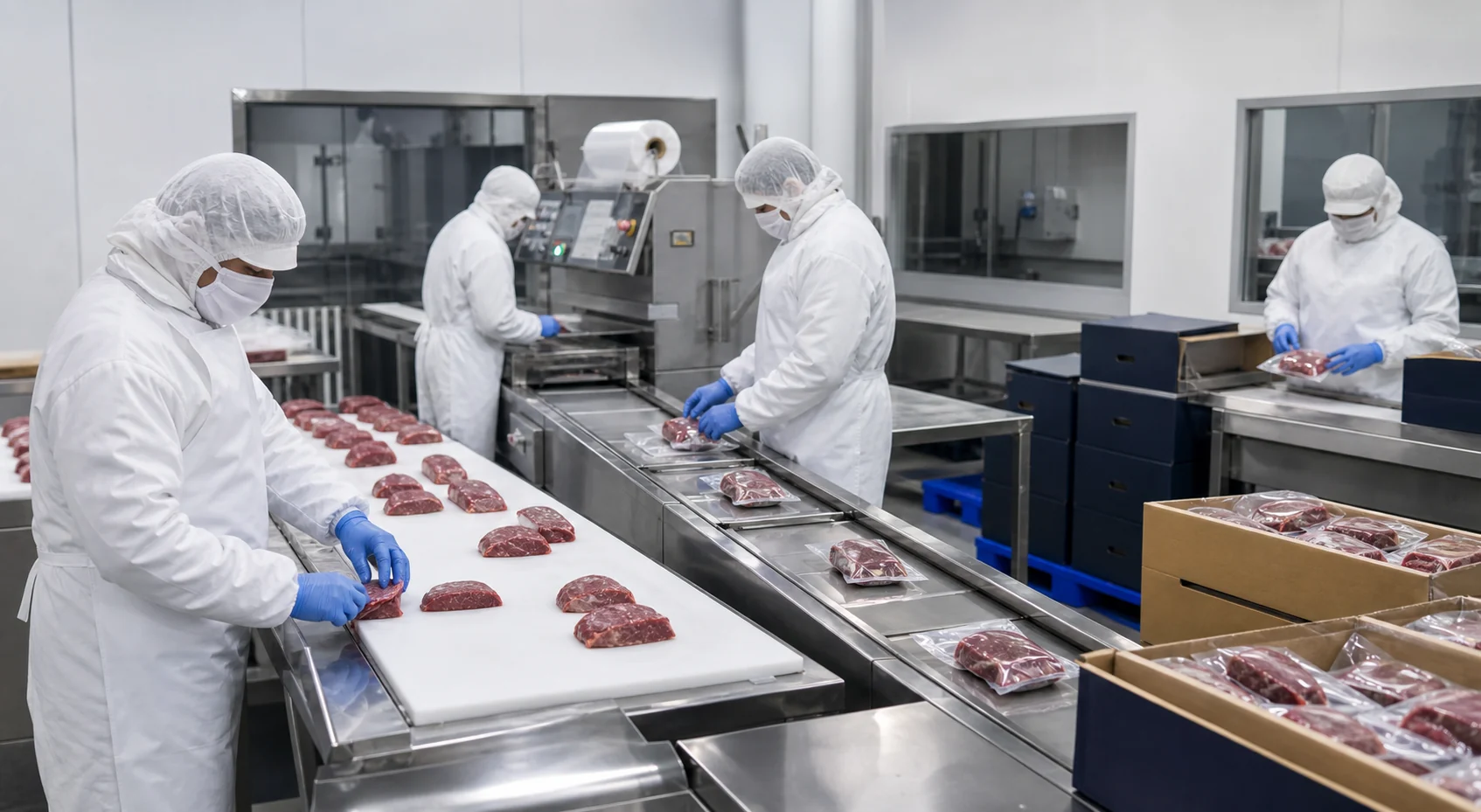 Hygienic beef portioning and vacuum-packaging line